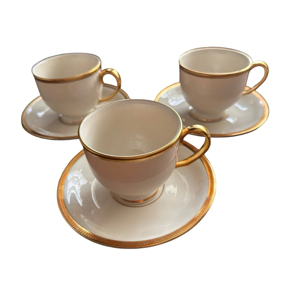 LENOX Tuxedo Collection Ivory Bone China Cup & Saucer (set of 3) Gold Encrusted
